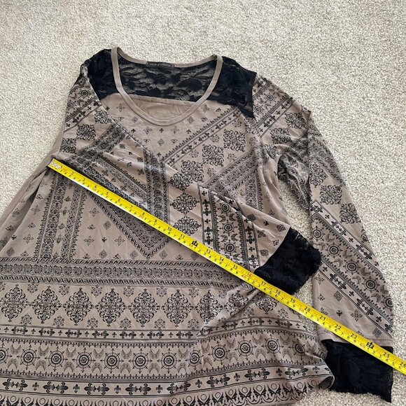 Y2K Whimsygoth Studded Lace Flowy Abstract Black & Brown Long Sleeve Top - Picture 10 of 11